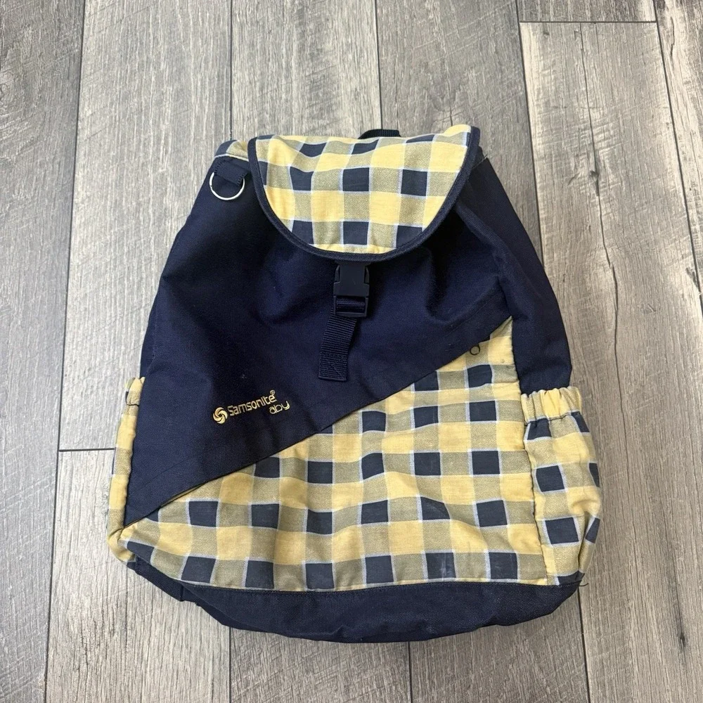Vintage 1999 Samsonite Travel Tote Baby Diaper Bag Backpack Plaid Navy Yellow